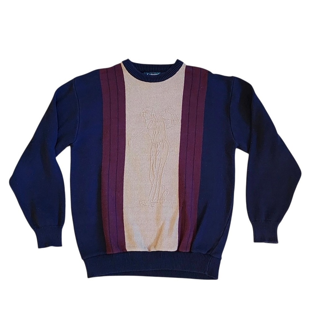 Camel Men's Large Golf Golfer Knit Sweater Crew Neck Navy Burgundy Vintage
